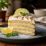 Marquesa de limón venezolana en plato gris con merengue tostado y rodajas de limón
