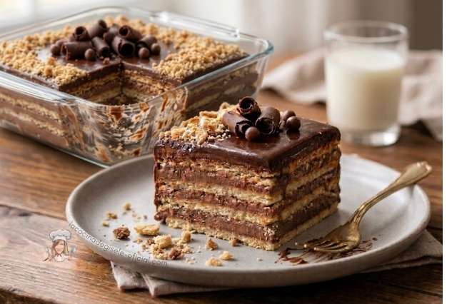 Marquesa de chocolate venezolana en plato con capas de galletas María y crema de chocolate