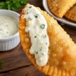 Pastelito venezolano frito con salsa de ajo por encima, con más pastelitos y un bol de salsa al fondo