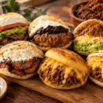 Arepas venezolanas abiertas y rellenas de distintos sabores: carne mesada con queso, reina pepiada, tocineta con queso y guasacaca, sobre una tabla de madera
