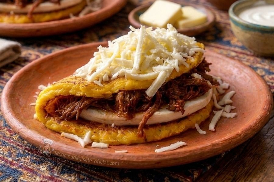 Cachapa venezolana de jojoto doblada sobre un plato de barro, rellena de queso de mano y carne mechada, coronada con queso blanco rallado