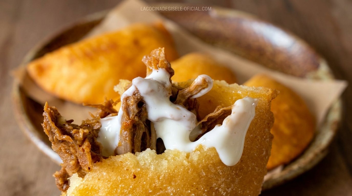 Empanadas venezolanas fritas y doradas, una abierta mostrando el relleno de carne mechada con un chorro de nata, y otras enteras en un bowl de madera