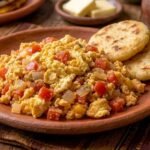 Perico venezolano: huevos revueltos con tomate, cebolla y pimentón picados, servidos en un plato de barro con dos arepas al lado