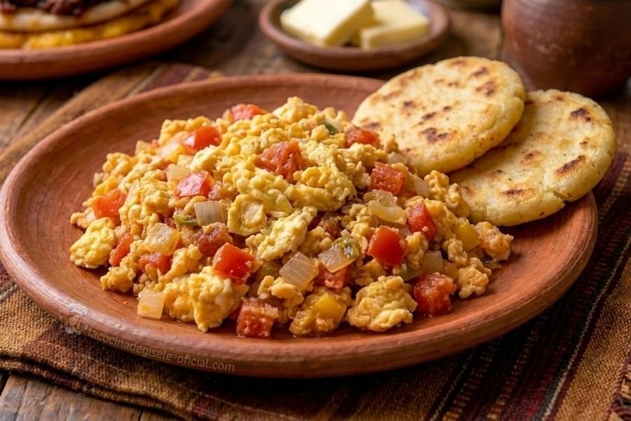 Perico venezolano: huevos revueltos con tomate, cebolla y pimentón picados, servidos en un plato de barro con dos arepas al lado