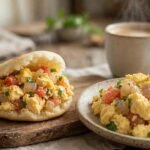 Perico venezolano: huevos revueltos con tomate, cebolla y cebollin picados, servidos sobre una tabla de madera rustica y arepa rellena de perico al lado