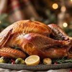 Pavo horneado navideño entero y dorado con limones y romero